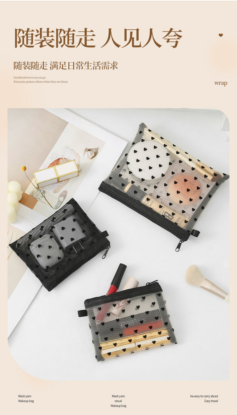 Bei Lian small size mesh cosmetic bag portable flocking cosmetic storage bag love fashion lipstick storage bag wholesale