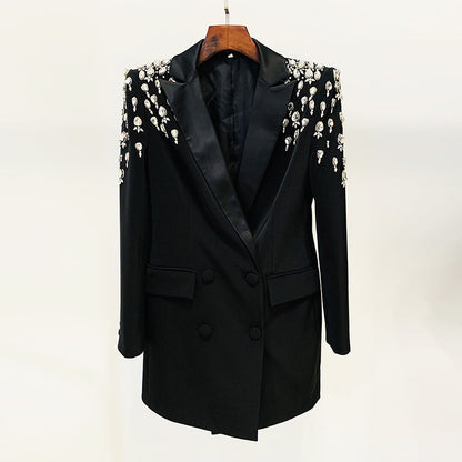 In Stock 2026 Early Autumn European and American Celebrity Fashion Handmade Beaded and Diamond-Encrusted Slim Long Blazer