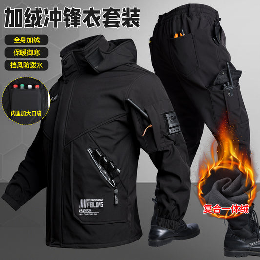 Men's Autumn and Winter Fleece-Lined Thickened Softshell Tactical Outdoor Sports Workwear Suit, Waterproof and Windproof