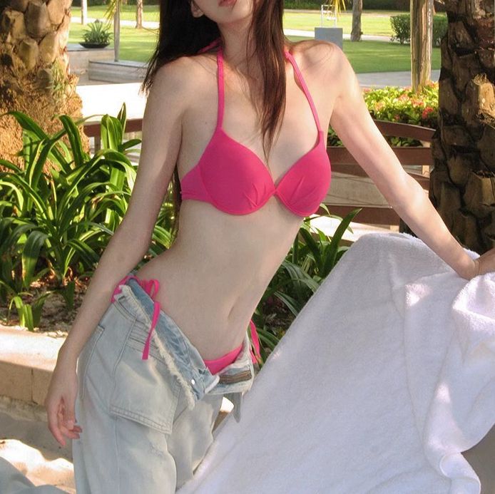 Beach Vacation Hot Spring PINK Pink Rose Red Bikini Swimsuit Women's Steel Bracers Gather Size Chest Sexy Three-point