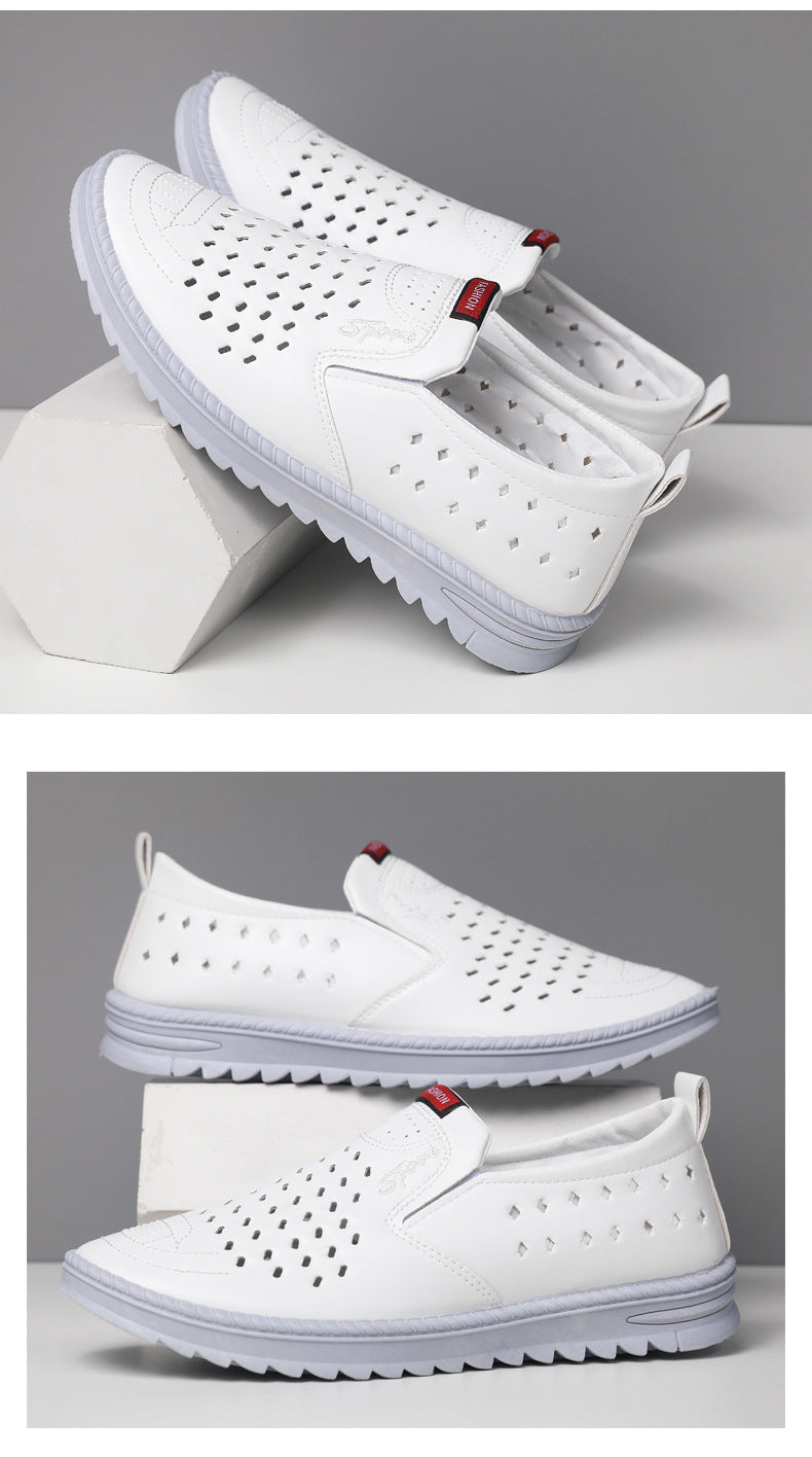 Hollow-Out Leather Shoes for Men, Summer Breathable Soft Leather Low-Top Business Casual Versatile Slip-On Perforated Dad Shoes