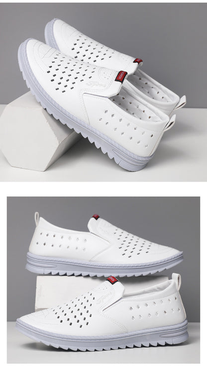 Hollow-Out Leather Shoes for Men, Summer Breathable Soft Leather Low-Top Business Casual Versatile Slip-On Perforated Dad Shoes