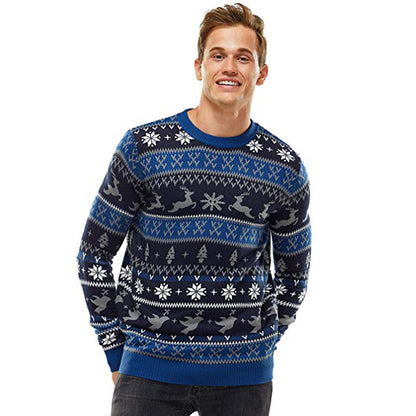 2025 Autumn and Winter European and American Christmas Pullover Jacquard Sweater Christmas Elk Snowflake Element Round Neck Knitted Couple Outfit