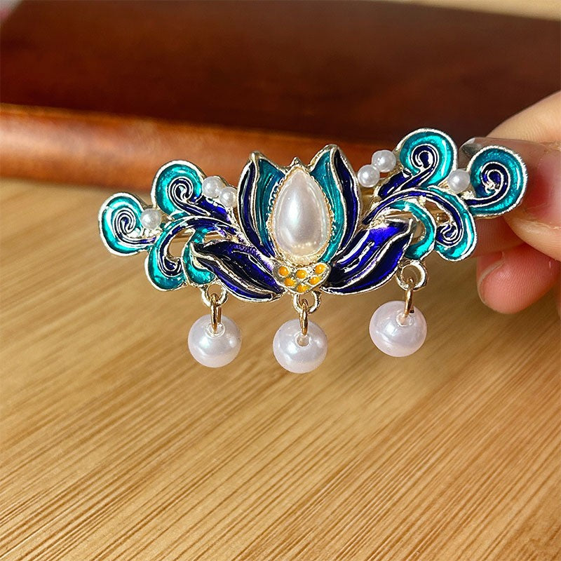 Antique Style Burned Blue Cloud Pearl Hairpin New Chinese Tassel Side Clip Advanced Sense Clip Hair Accessories Headwear Hair Clip