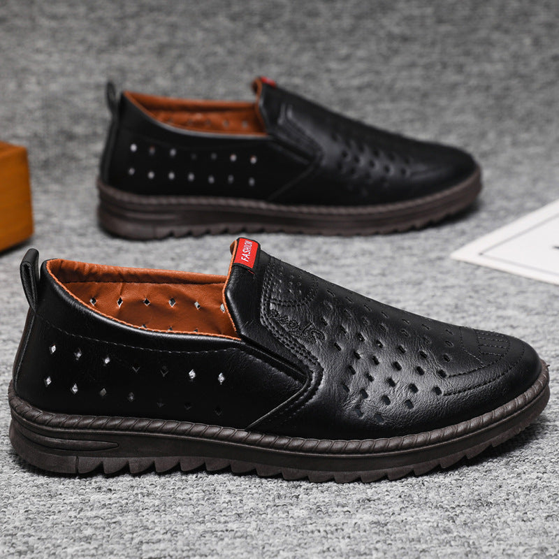 Hollow-Out Leather Shoes for Men, Summer Breathable Soft Leather Low-Top Business Casual Versatile Slip-On Perforated Dad Shoes