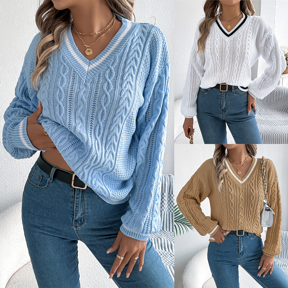 2025 New Autumn and Winter European and American Preppy Style Color-Blocked V Neck Twist Lantern Long-Sleeved Sweater Amazon Cross-Border Women's Clothing