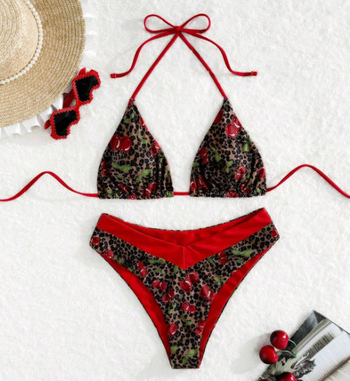 Amazon New Split Swimsuit Women Sexy Red Leopard Cherry Print European and American Bikini Foreign Trade Swimsuit