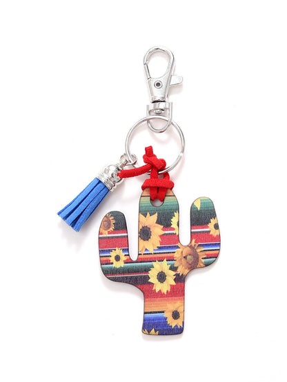 New Wooden Cactus Keychain Leopard Flower Rainbow Sunflower Striped Printed Bag Car Pendant