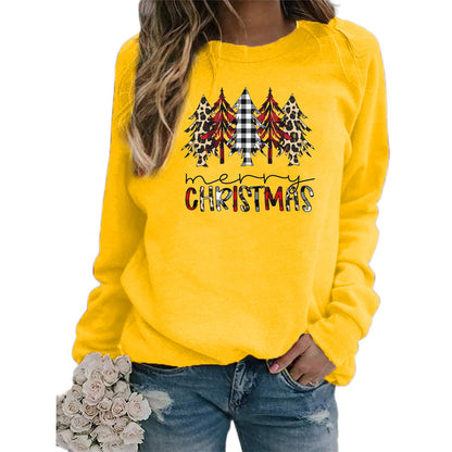 Leopard Red Plaid Christmas Tree Merry Christmas Print Round Neck European and American Women's Autumn and Winter Sweat