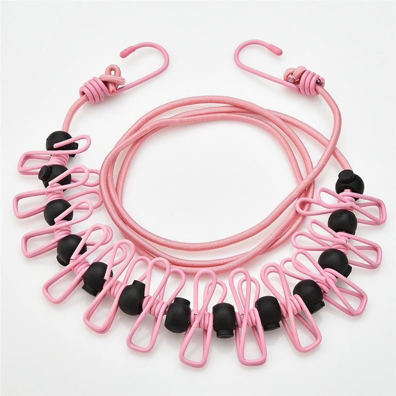Creative Outdoor Elastic Windproof Clothesline with Positioning Clips, Korean Style Clothesline with 12 Windproof Clips