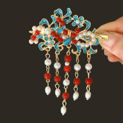 Antique Style Burned Blue Cloud Pearl Hairpin New Chinese Tassel Side Clip Advanced Sense Clip Hair Accessories Headwear Hair Clip