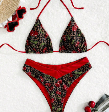 Amazon New Split Swimsuit Women Sexy Red Leopard Cherry Print European and American Bikini Foreign Trade Swimsuit