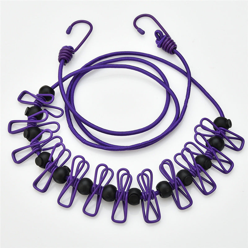 Creative Outdoor Elastic Windproof Clothesline with Positioning Clips, Korean Style Clothesline with 12 Windproof Clips
