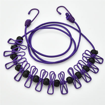 Creative Outdoor Elastic Windproof Clothesline with Positioning Clips, Korean Style Clothesline with 12 Windproof Clips