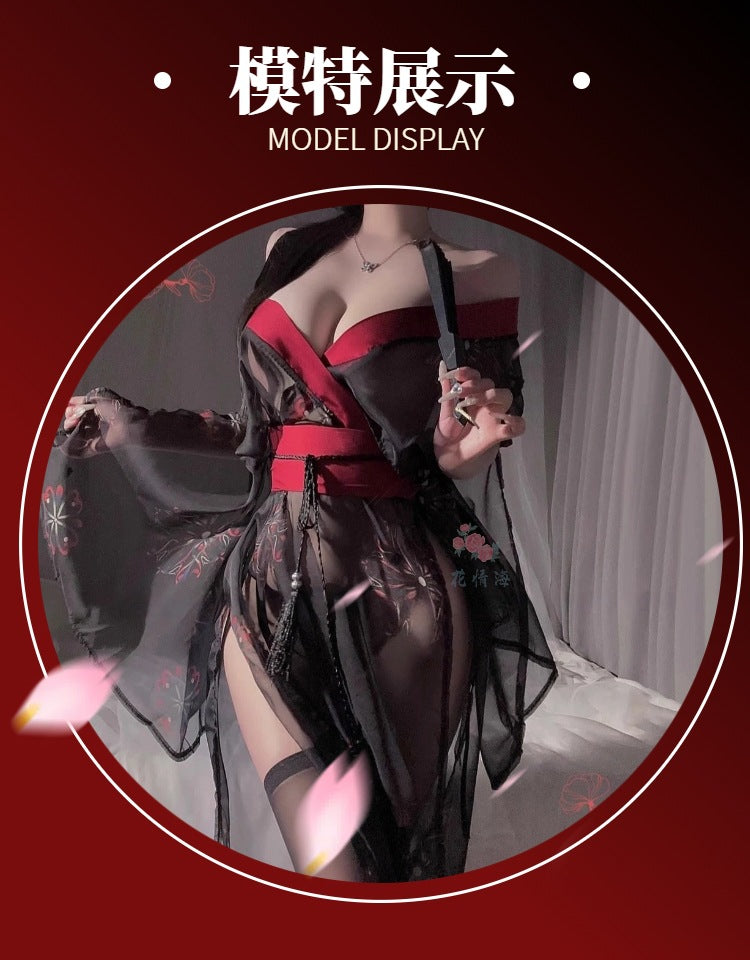 Floral Lingerie Uniform Pure Desire No Need to Take Off Printed Black Japanese Kimono Clothing Set Women A520 Erotic Kimono