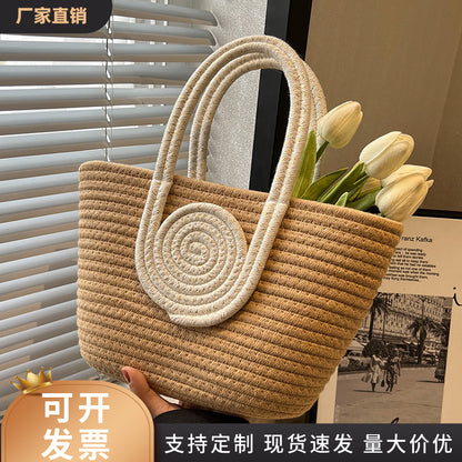 Contrast Cotton Rope Woven Handbag Women's Bag Korean Style Bag New Large Capacity Stylisse Handbag All-match Tote Bag