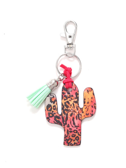 New Wooden Cactus Keychain Leopard Flower Rainbow Sunflower Striped Printed Bag Car Pendant