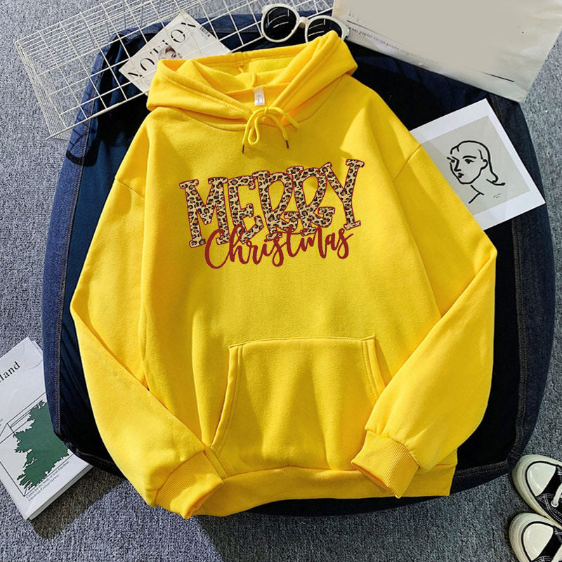 Christmas Leopard Print Merry Christmas Print Hooded Sweatshirt European and American Autumn and Winter Men's and Women's Top Coat