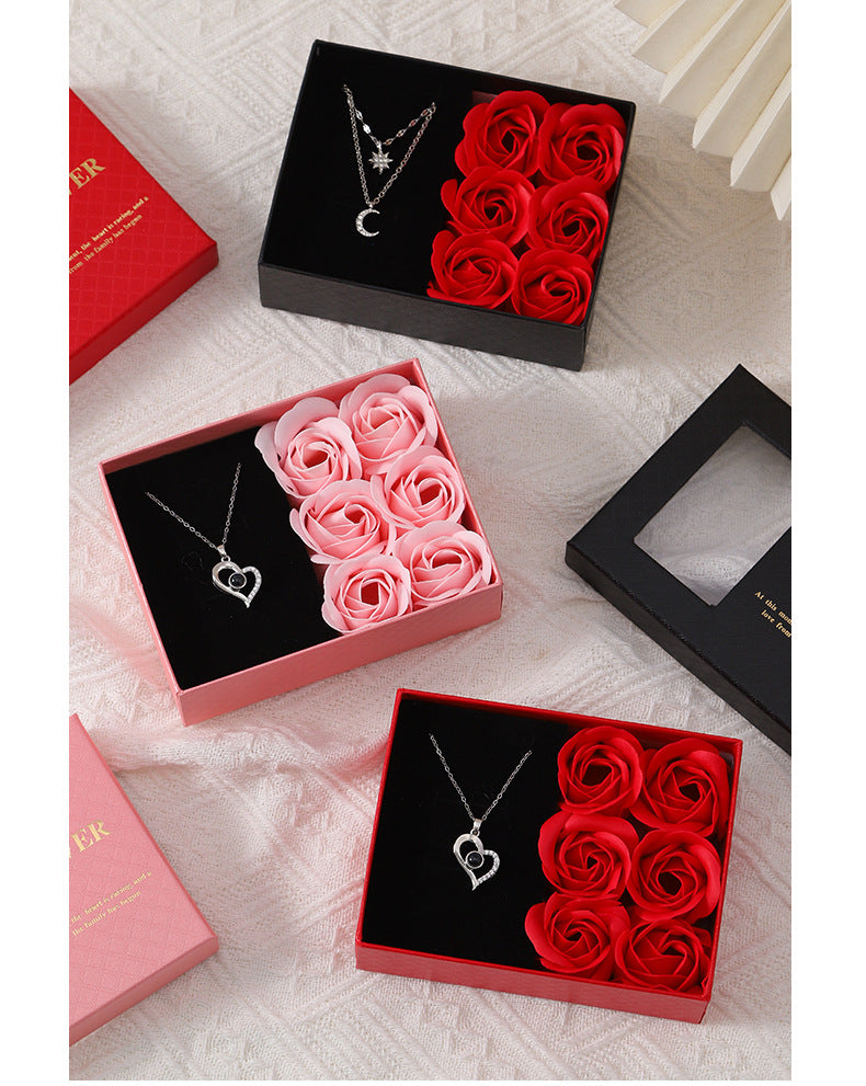 Valentine's Day Window Opening Jewelry Box Heart Four-leaf Clover Pendant Gift Packaging Box Bag Romantic 6 Rose Box