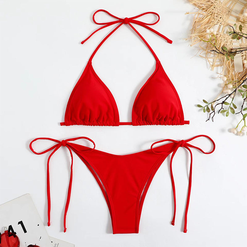 European and American Solid Color Split Swimsuit Women's Sexy Bikini Cross-border Hot Tight Gather Deep V High-end Swimsuit Women