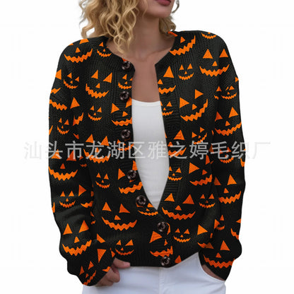 Ll-Yk1 Halloween Cardigan Round Neck Long-Sleeved 3D Printed Sweater European and American Cross-Border Casual Women's Clothing Amazon Theme