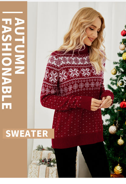 Cross-Border Autumn and Winter New Jacquard Pullover Red Turtleneck Christmas Sweater European and American Foreign Trade Snowflake Knitted Bottoming Shirt