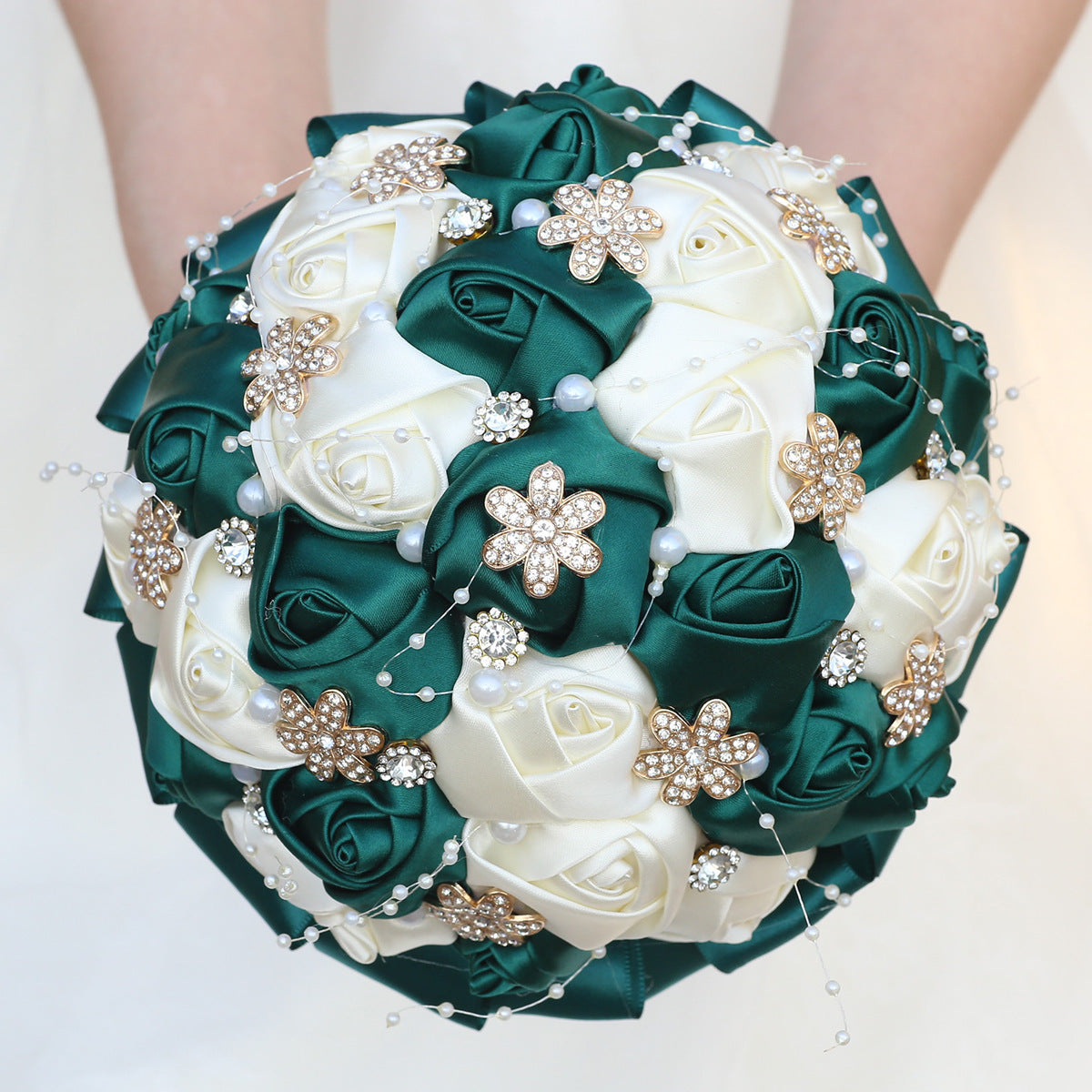 Amazon Supply Dark Green Bride Bridesmaid Simulated Satin Rose Bouquet Church Wedding Supplies Wholesale