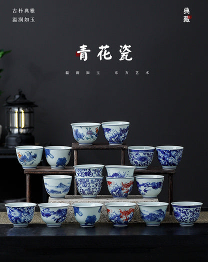Yuerui Ceramic New Blue and Flower Tea Cup Underglaze Color Retro Yulan Cup Bowl of Kung Fu Tea Zen Tea Master Cup