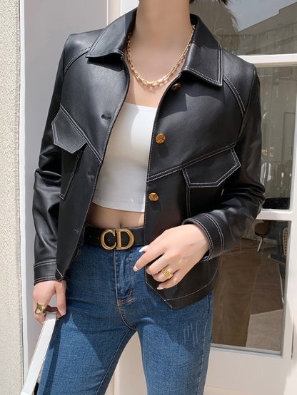 Haining Spring and Autumn New Leather Jacket Single Lined Leather Jacket Women's Short Slim Motorcycle Women's Short Leather Jacket C2707