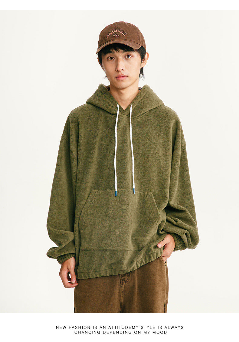 Black Fleet American Casual Style Unisex Versatile Hooded Warm Top Couple Style Hiking Fleece Solid Color Sweatshirt