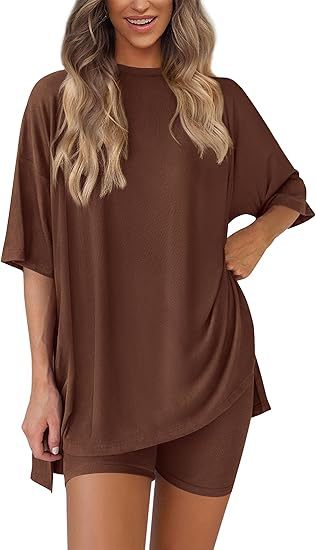 Cross-border foreign trade Amazon 2025 new women's casual round neck split loose shorts short sleeve home clothes suit
