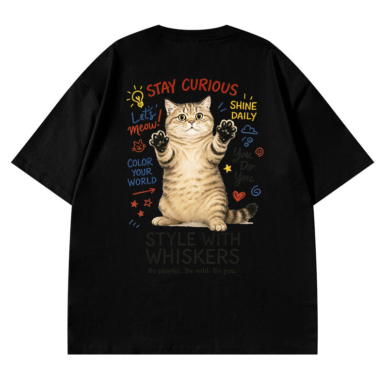 Cross-border short-sleeved T-shirt for boys and girls Korean-style cartoon casual pet cat hip-hop top for lovers summer versatile half-sleeve