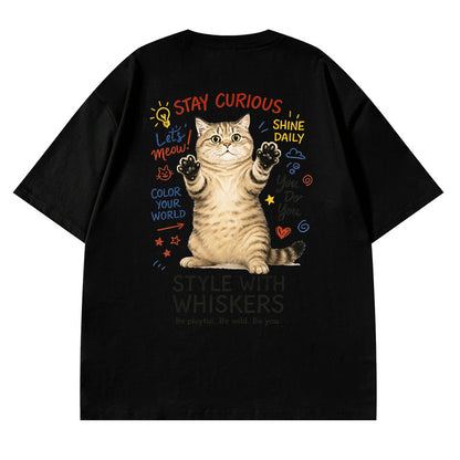 Cross-border short-sleeved T-shirt for boys and girls Korean-style cartoon casual pet cat hip-hop top for lovers summer versatile half-sleeve