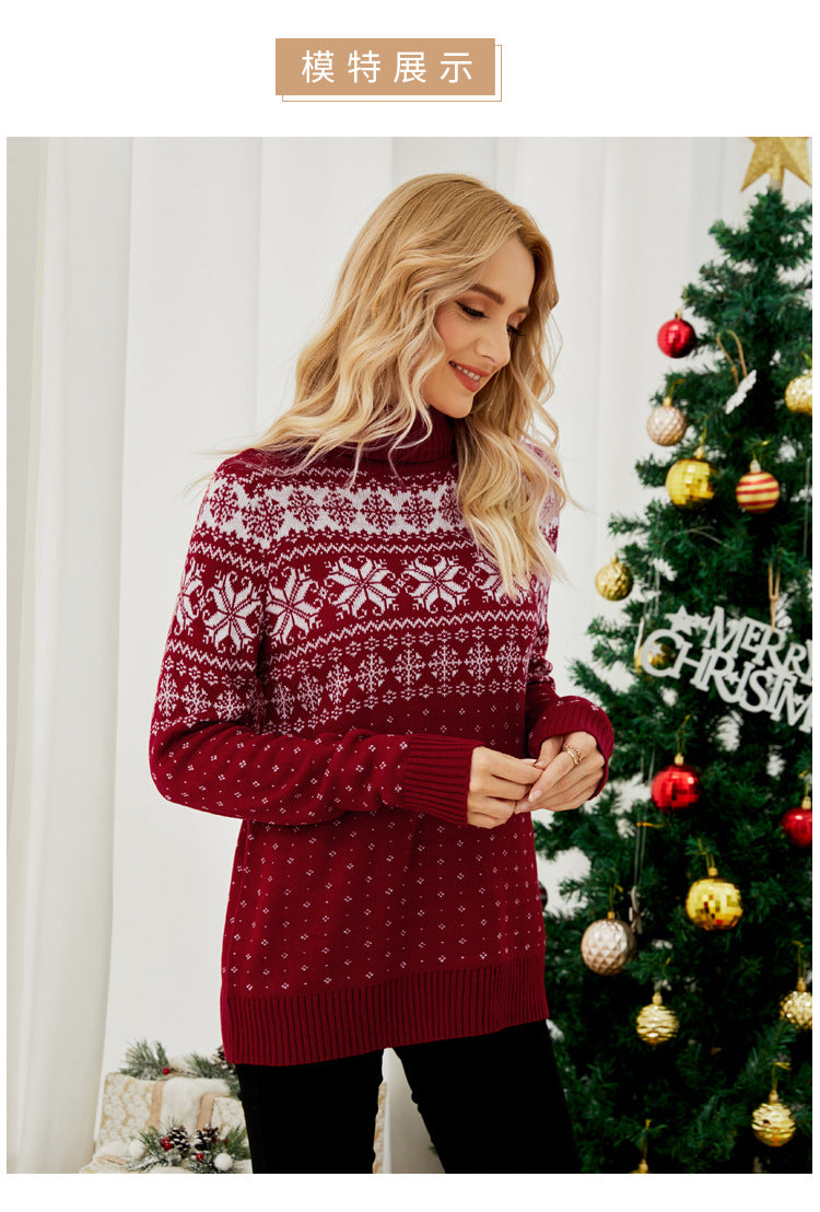 Cross-Border Autumn and Winter New Jacquard Pullover Red Turtleneck Christmas Sweater European and American Foreign Trade Snowflake Knitted Bottoming Shirt