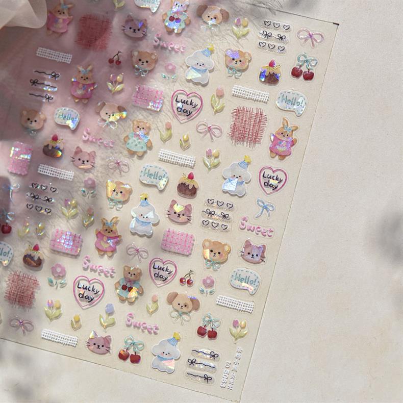 Cute Pet Graffiti Nail Art Stickers Embossed 3D Stereo 5D Cute Little Panda Cat Dog Nail Sticker Decoration