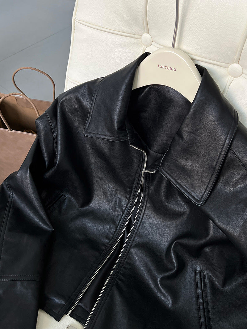 cool handsome high sense ~ lapel leather coat women's spring and autumn Hong Kong style PU leather jacket motorcycle top trendy 9595