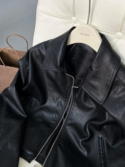 cool handsome high sense ~ lapel leather coat women's spring and autumn Hong Kong style PU leather jacket motorcycle top trendy 9595