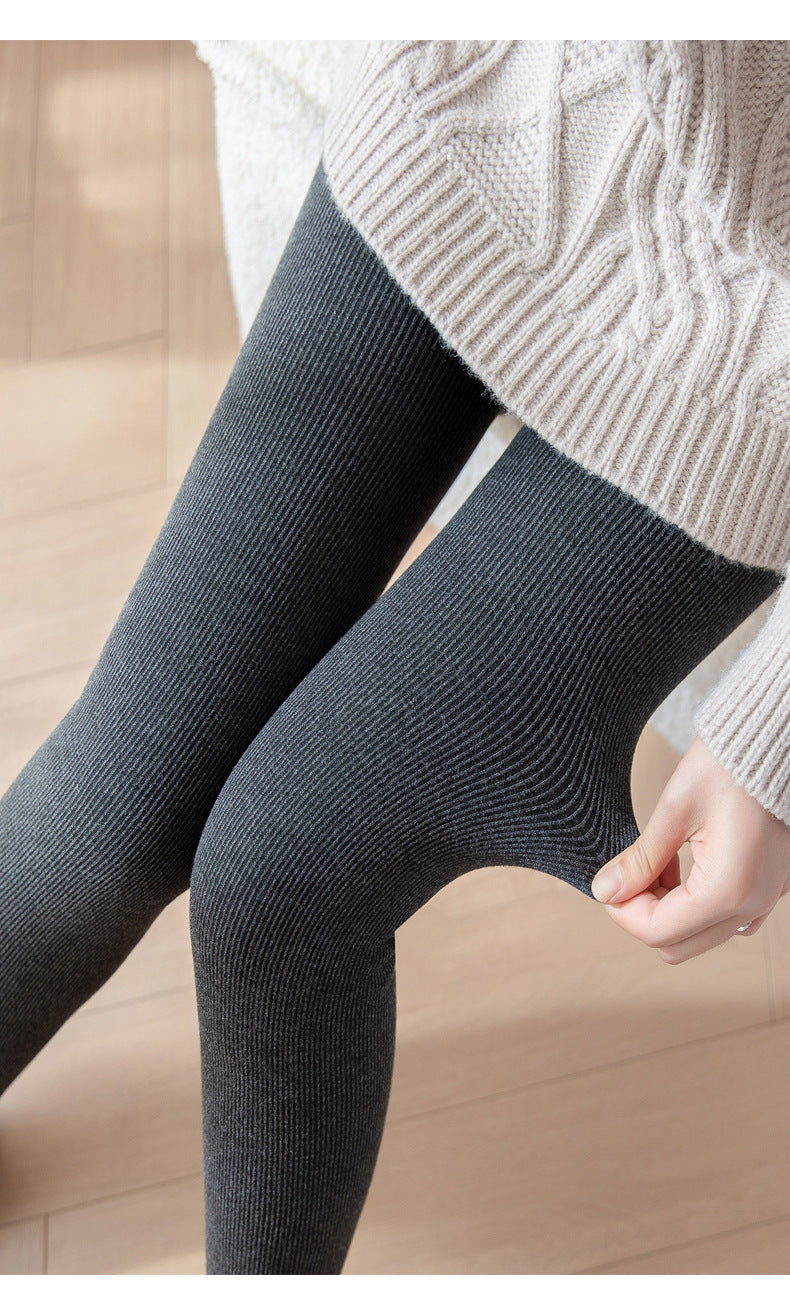 Autumn and Winter Fleece-Lined Thickened Vertical Striped Gray Leggings Ribbed Cotton Outerwear Footed Thermal Pants Women's Tights
