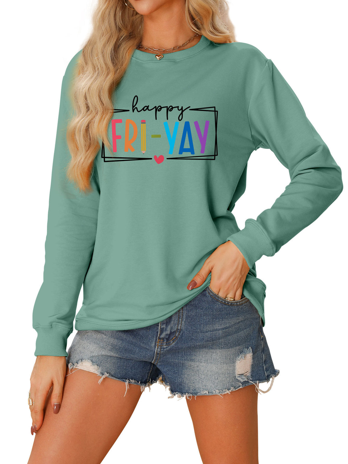 Amazon Ebay Round Neck Sweatshirt Happy Fri Yay Fun Letters Casual Fashion Long-Sleeved Tops in Stock
