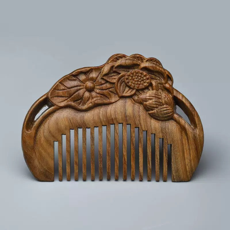 Golden silk sandalwood lotus fish carved massage comb scalp head massage wide tooth comb small comb solid wood comb meridian comb