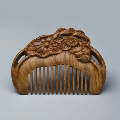 Golden silk sandalwood lotus fish carved massage comb scalp head massage wide tooth comb small comb solid wood comb meridian comb