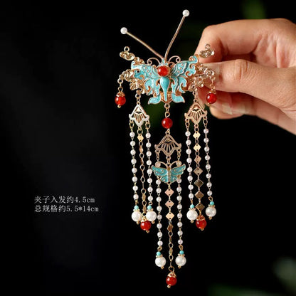Antique Style Burned Blue Cloud Pearl Hairpin New Chinese Tassel Side Clip Advanced Sense Clip Hair Accessories Headwear Hair Clip