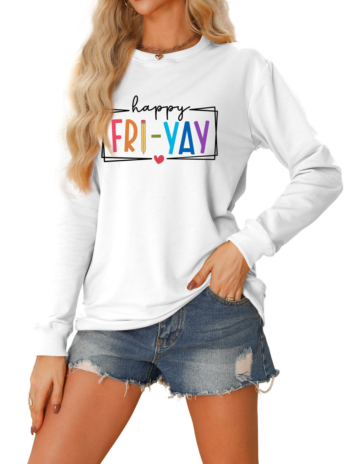 Amazon Ebay Round Neck Sweatshirt Happy Fri Yay Fun Letters Casual Fashion Long-Sleeved Tops in Stock