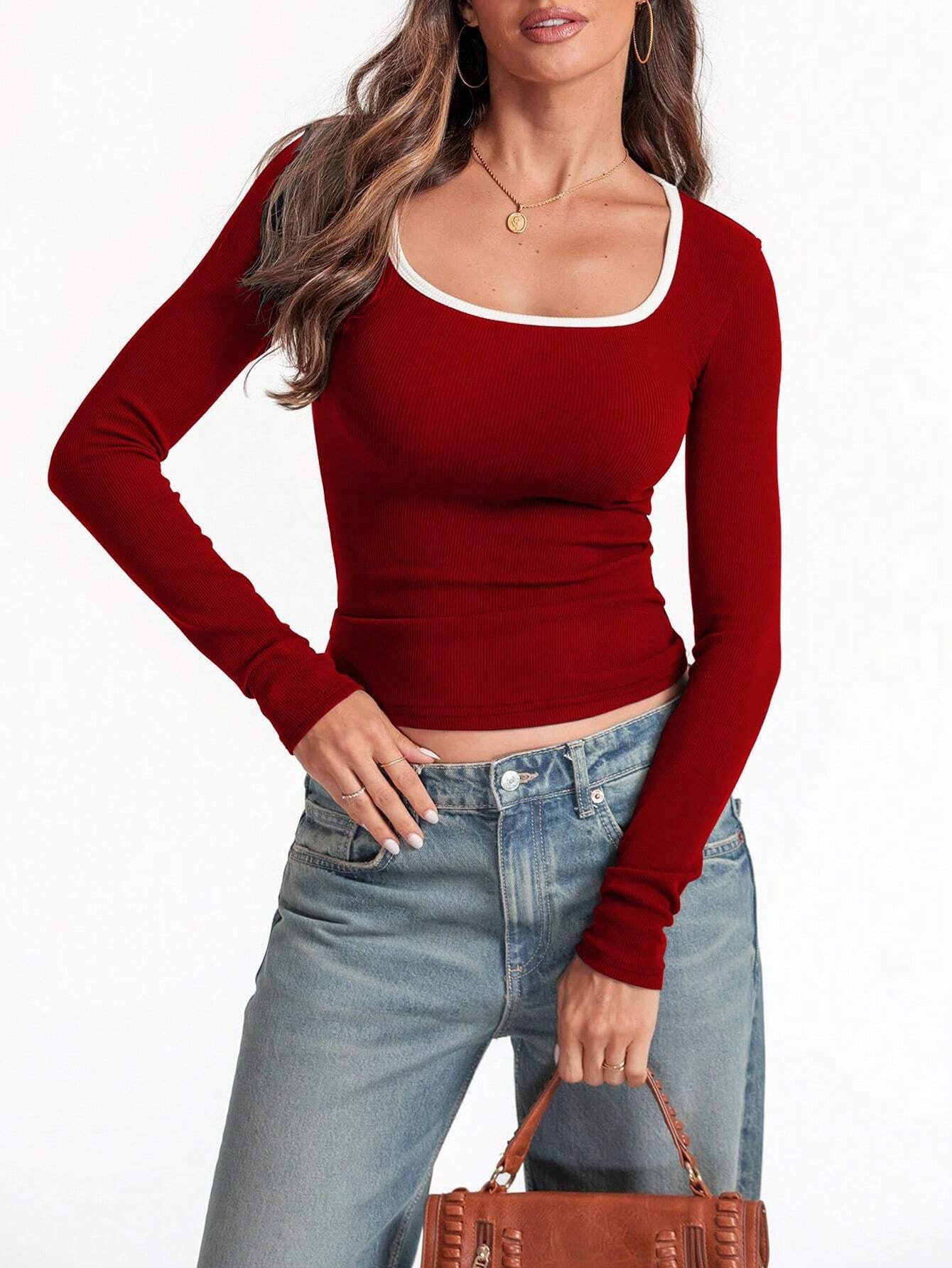 Square Collar Pullover Multicolor Solid Color Slim Fit Long Sleeves Top