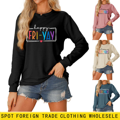 Amazon Ebay Round Neck Sweatshirt Happy Fri Yay Fun Letters Casual Fashion Long-Sleeved Tops in Stock