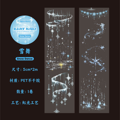 Retrostory Rainy Night Series Laser Tape Stickers with Silver White Die-Cut Pet Tape for Journaling and Ins Material Stickers