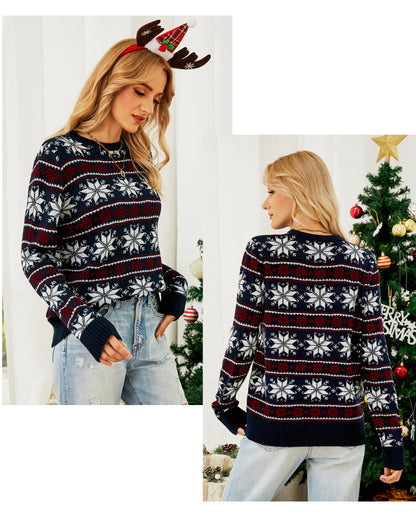 2023 Amazon European and American Crewneck Christmas Red Knitted Shirt Christmas Long Sleeve Little Snowflake Christmas Sweater