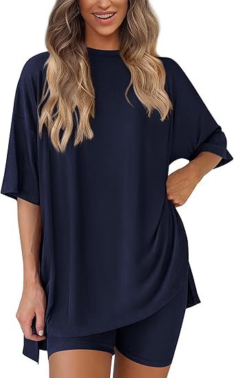 Cross-border foreign trade Amazon 2025 new women's casual round neck split loose shorts short sleeve home clothes suit