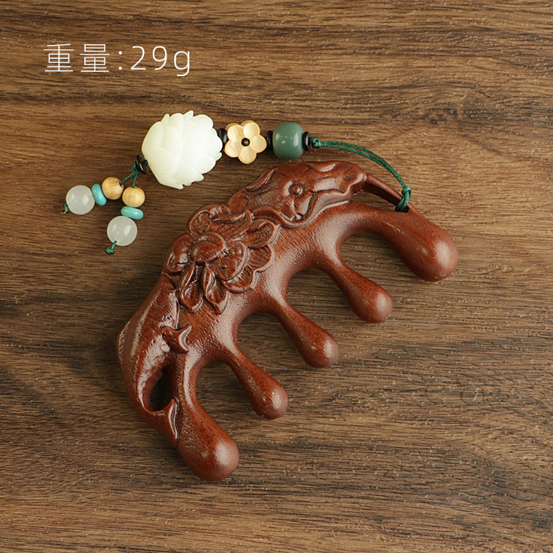 Golden silk sandalwood lotus fish carved massage comb scalp head massage wide tooth comb small comb solid wood comb meridian comb