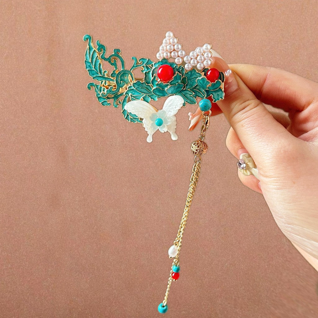 Antique Style Burned Blue Cloud Pearl Hairpin New Chinese Tassel Side Clip Advanced Sense Clip Hair Accessories Headwear Hair Clip